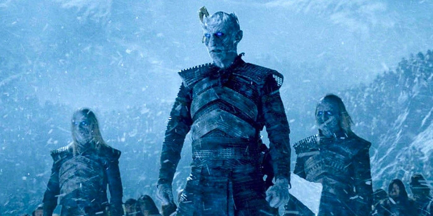 The Night King with other White Walkers behind him beyond the Wall in Game of Thrones