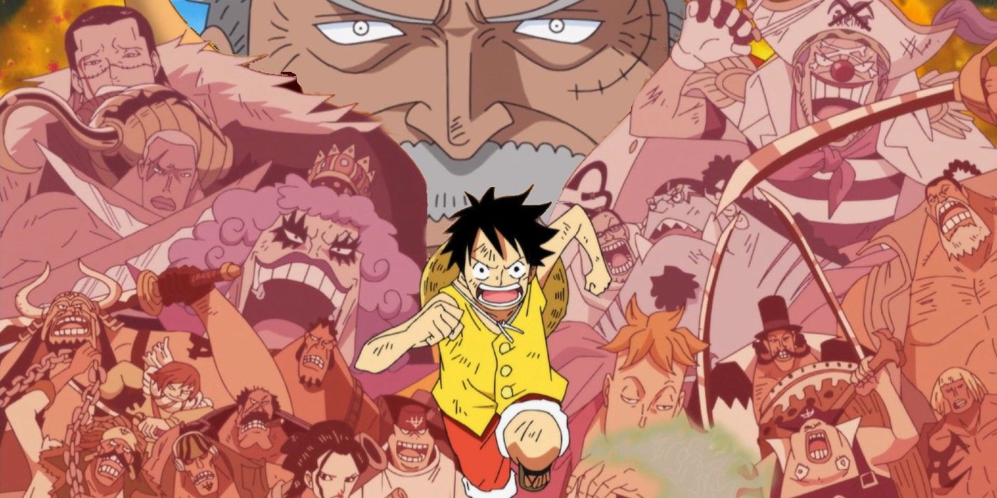 Luffy runs toward the camera with a collage of Marineford's cast overlooking him.