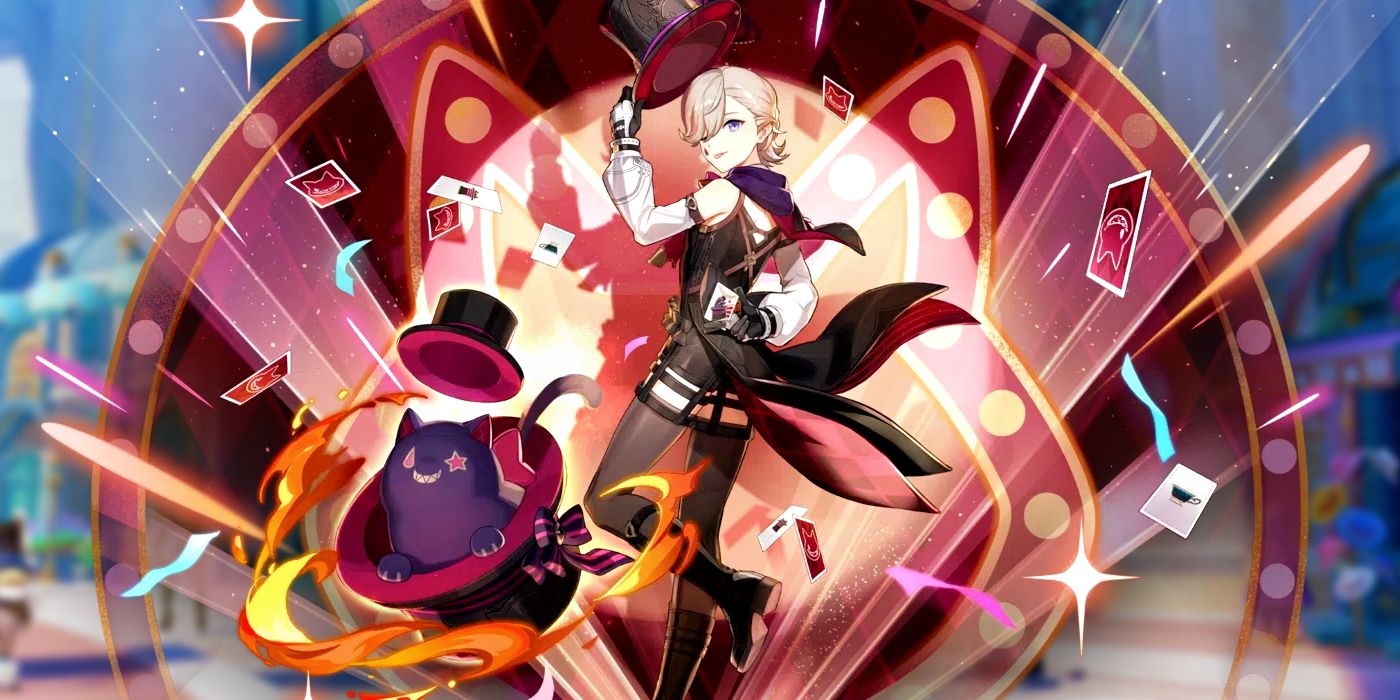Genshin Impact&rsquo;s official key art for Lyney, featuring the character holding his top hat while an explosion happens behind him. In front of him is another top hat, from where the Grin-Malkin Cat emerges.