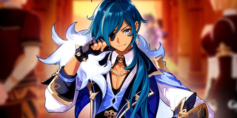 Genshin Impact's Kaeya rests his head on his hand and smirks.