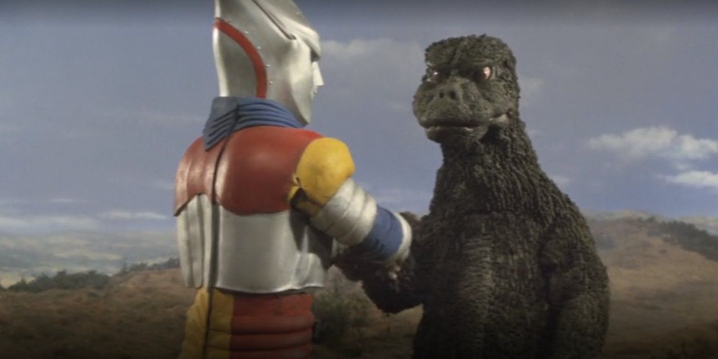 Godzilla and Jet Jaguar shake hands