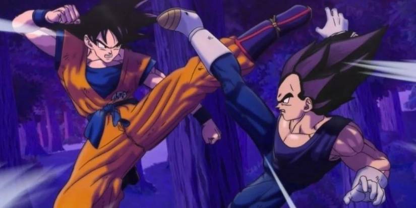 Goku and Vegeta exchange kicks during their sparring match in Dragon Ball Super: Super Hero