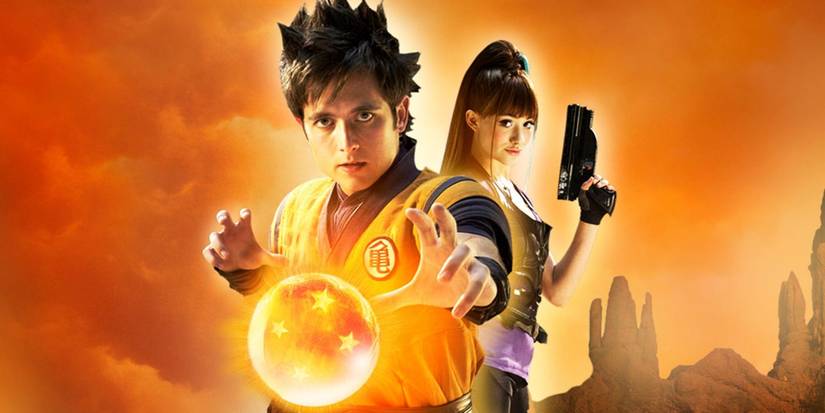 Goku using his powers and Bulma standing with a gun in Dragon Ball Evolution