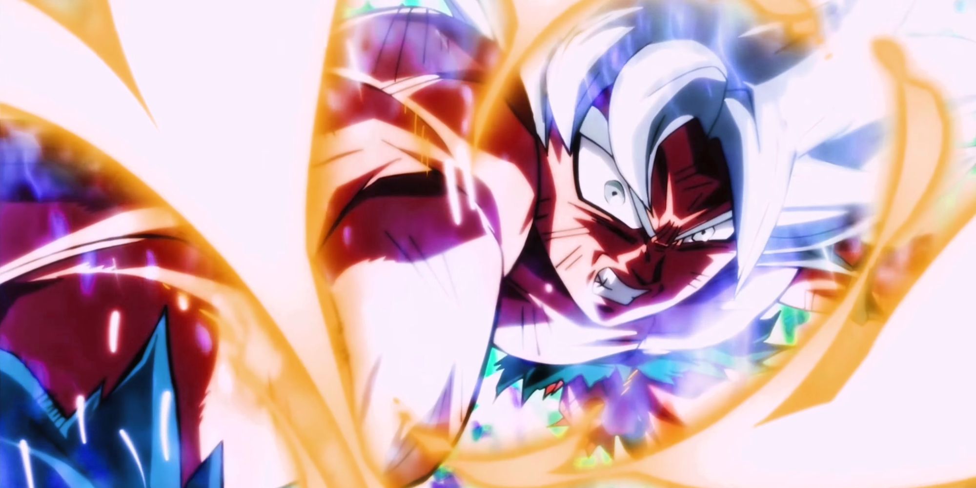 Image from Dragon Ball Super anime episode #130 shows a powered up Silver Haired Goku angerly punching with many types of aura's floating around him.