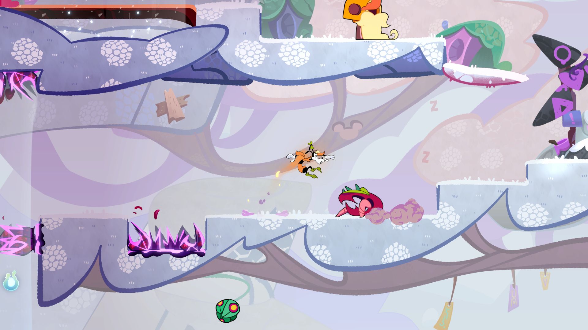 Goofy jumping over an enemy in Disney Illusion Island&rsquo;s Ice Biome