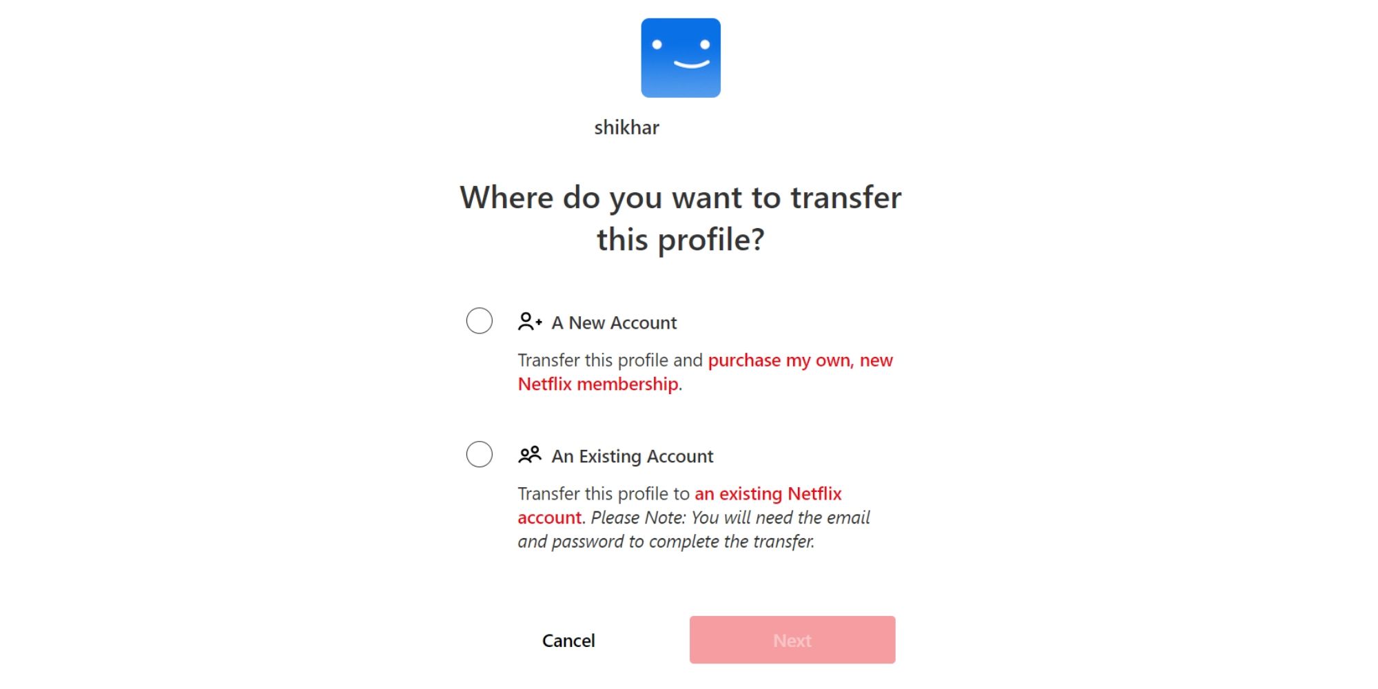 Netflix profile transfer screenshot