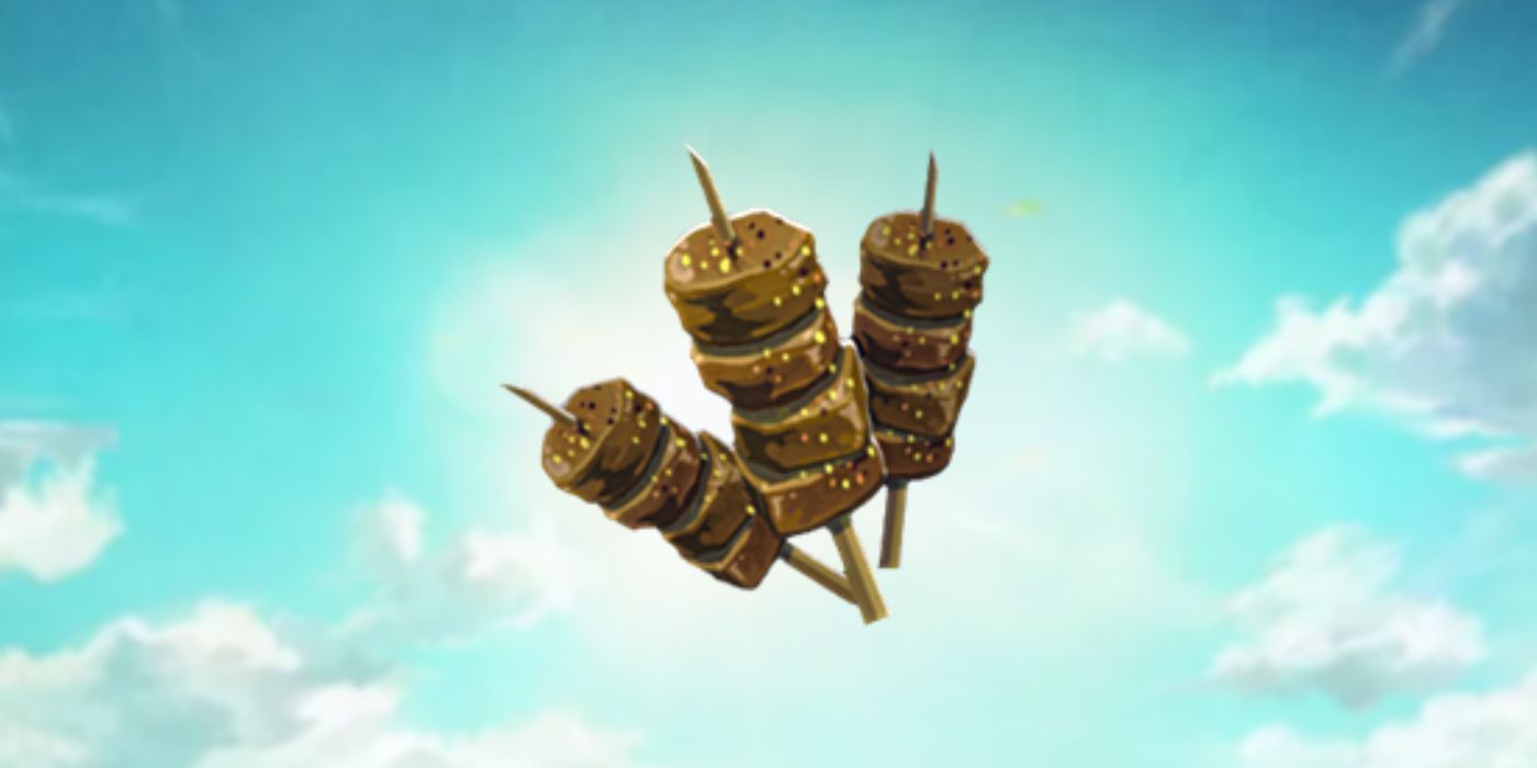 Gourmet Spiced Meat Skewer in Tears Of The Kingdom against a bright sky.