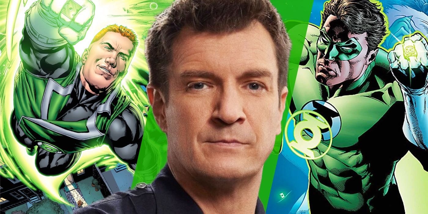 Imagem dividida do Lanterna Verde Guy Gardner sobre Hal Jordan (Nathan Fillion)
