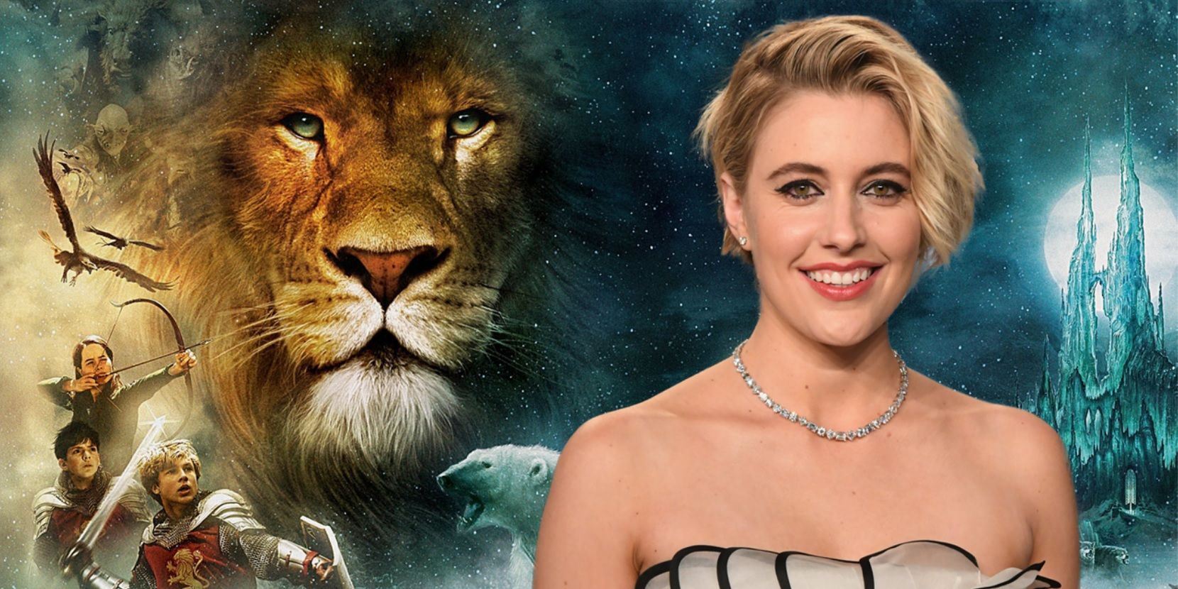 Greta Gerwig imposed over an image of the Chronicles of Narnia The Lion the Witch and the Wardrobe poster