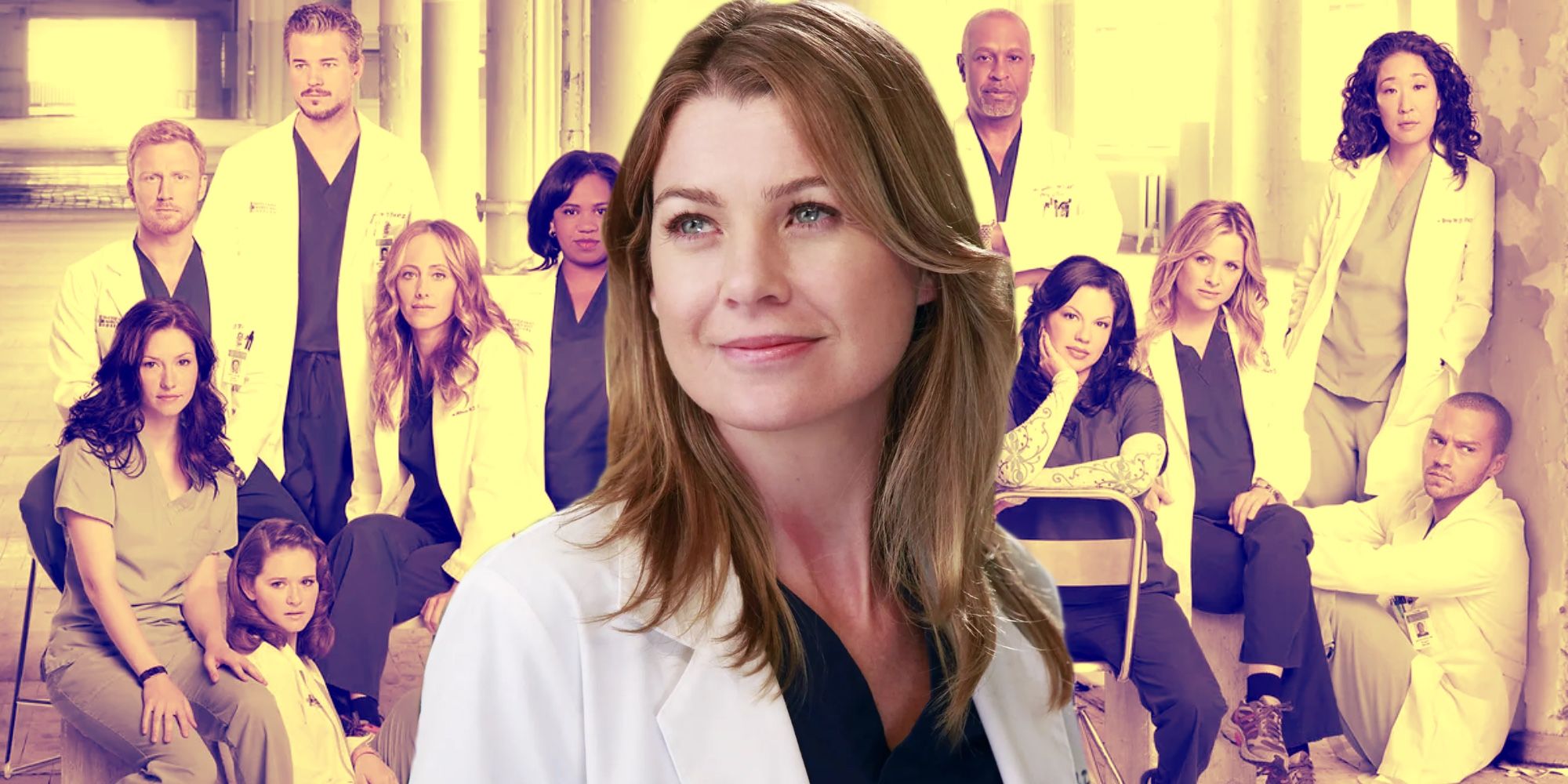 A composite image of Meredith Grey and the cast of Grey's Anatomy