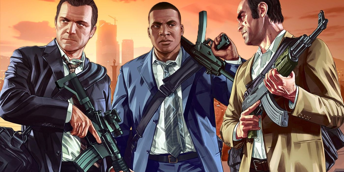 The three GTA 5 protagonists, Michael, Franklin, and Trevor, wearing suits and holding guns and duffel bags.