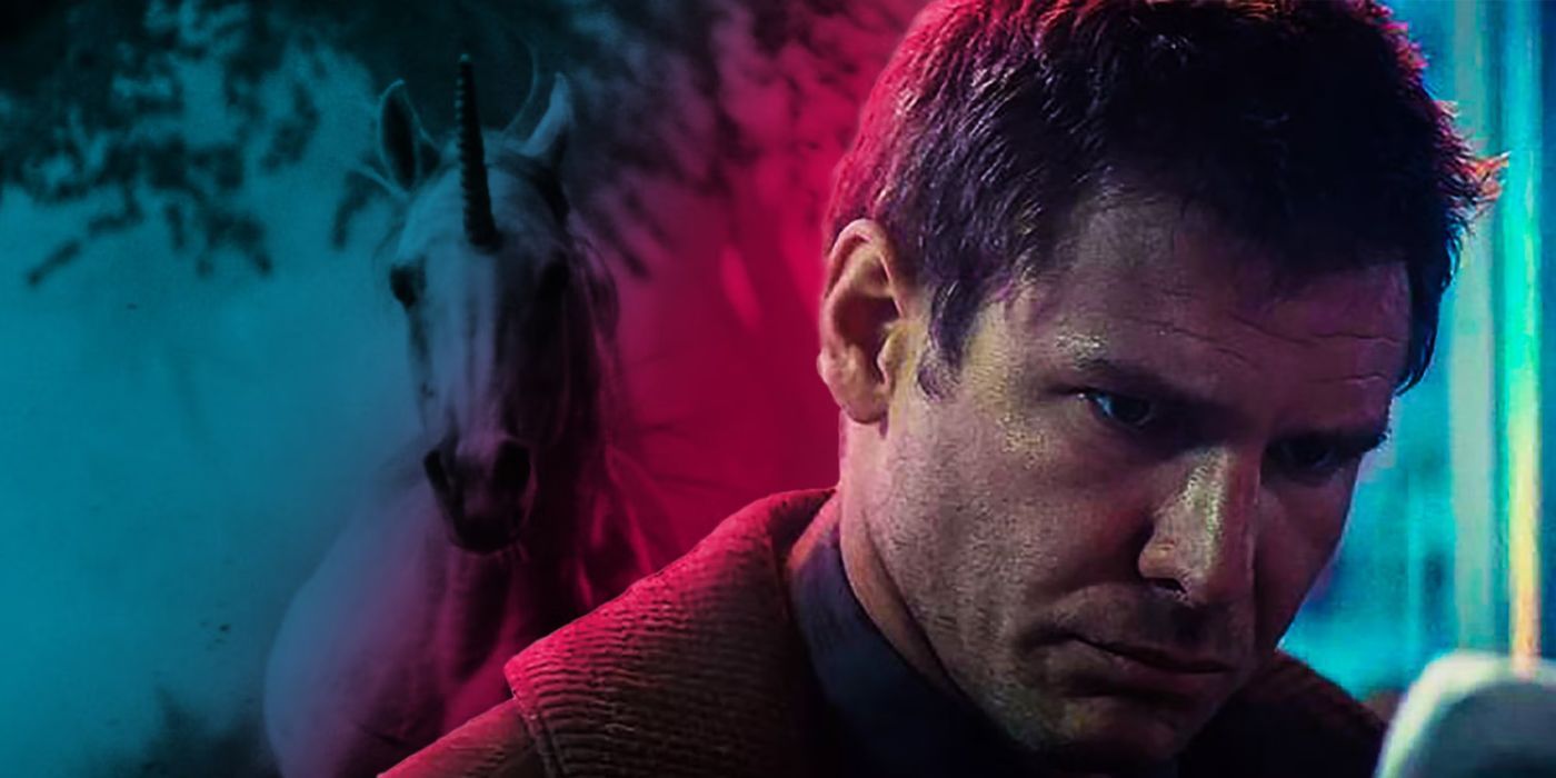 Harrison Ford looking sideways in Blade Runner with the unicorn dream in the background