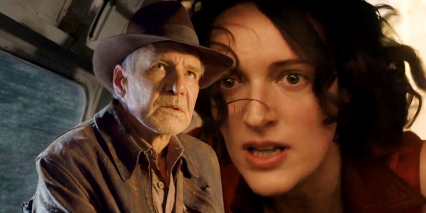 Custom image of Harrison Ford and Phoebe Waller-Bridge looking concerned in Indiana Jones 5.