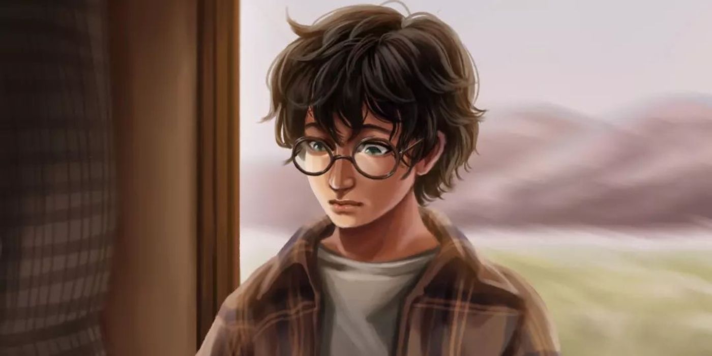 Fan art of Harry Potter in a train car on the Hogwarts Express.