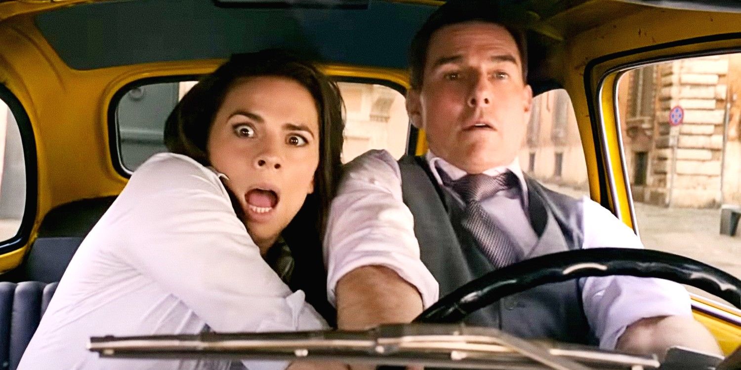 Hayley Atwell and Tom Cruise driving a car in Mission Impossible Dead Reckoning Part One