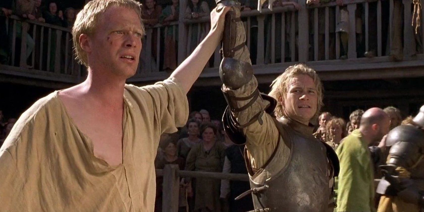 Heath Ledger is declared a winner by Paul Bettany in A Knight&rsquo;s Tale.