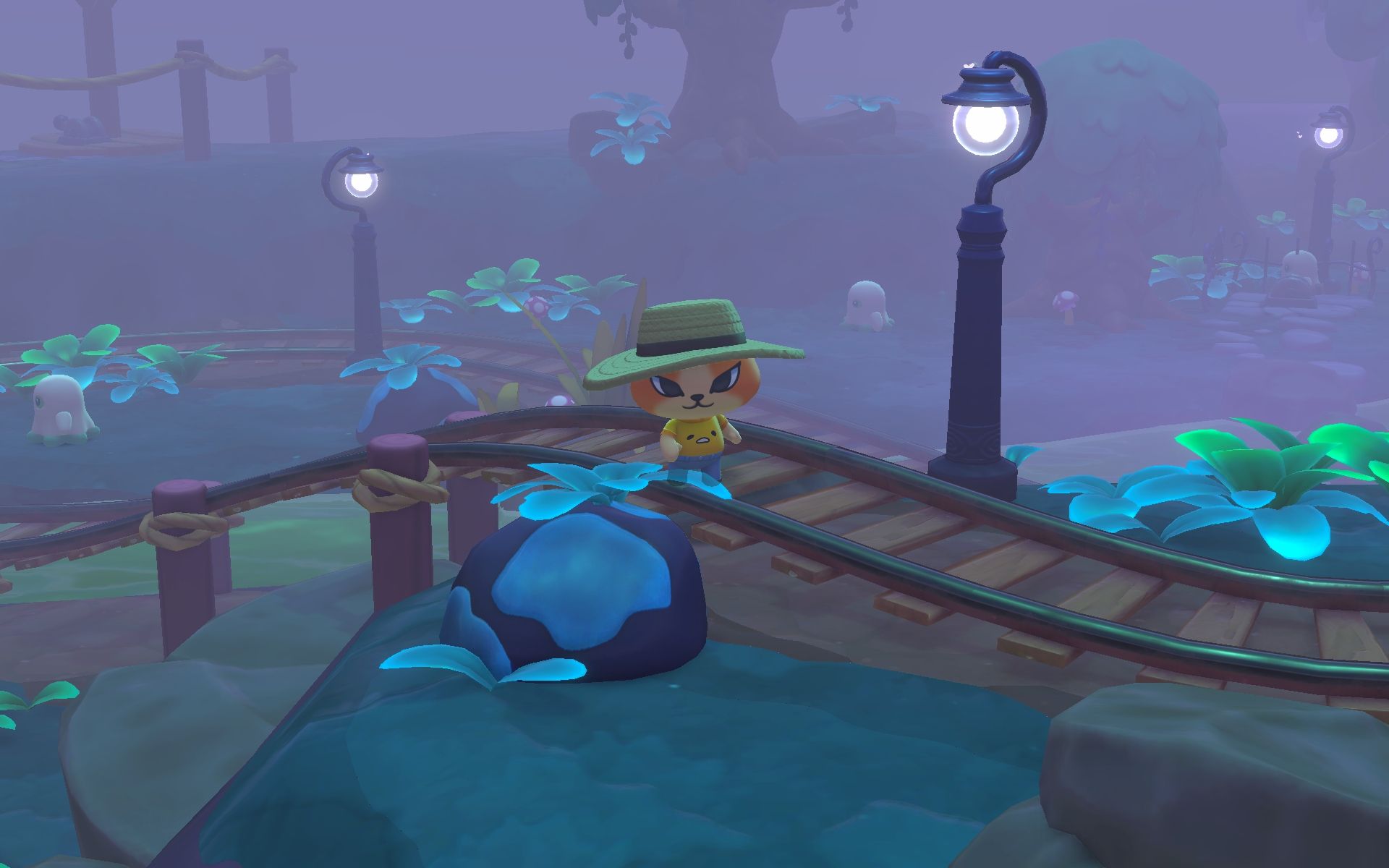 Hello Kitty Island Adventure Spooky Swamp area, with a cat character standing on train tracks surrounded by eerie fog.