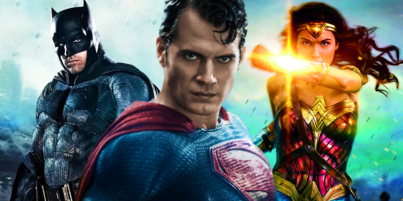 Henry Cavill as Superman, Ben Affleck as Batman, and Gal Gadot as Wonder Woman in the DCEU