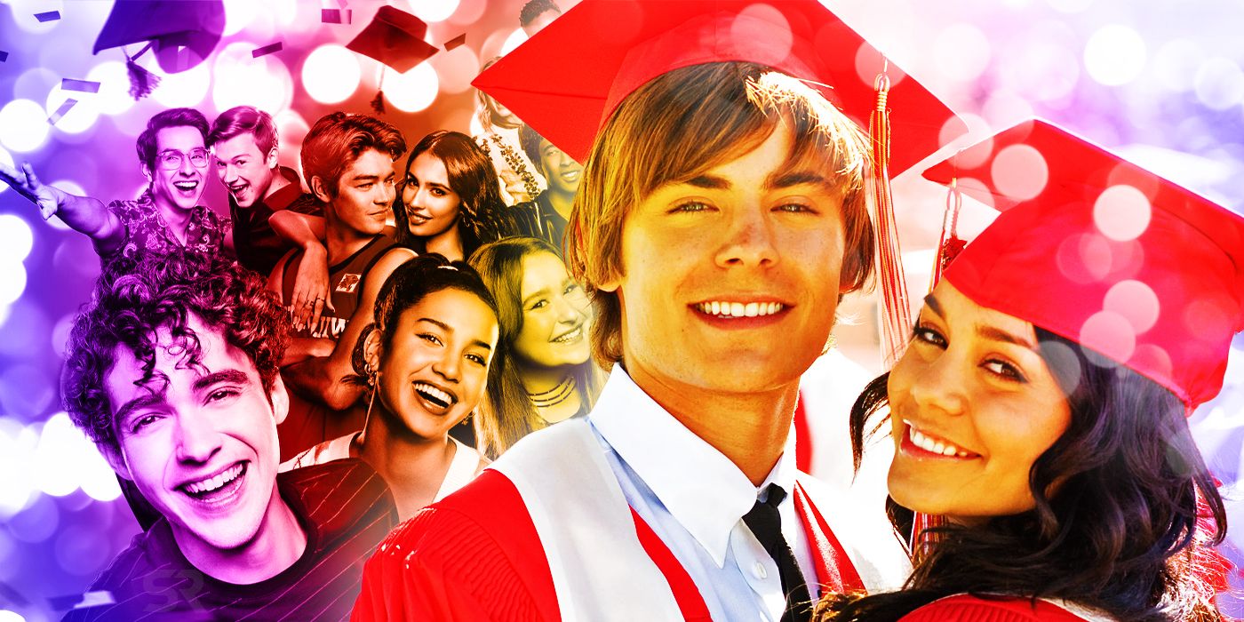 The cast of the High School Musical series are next to a cutout of Troy and Gabriella from High School Musical.
