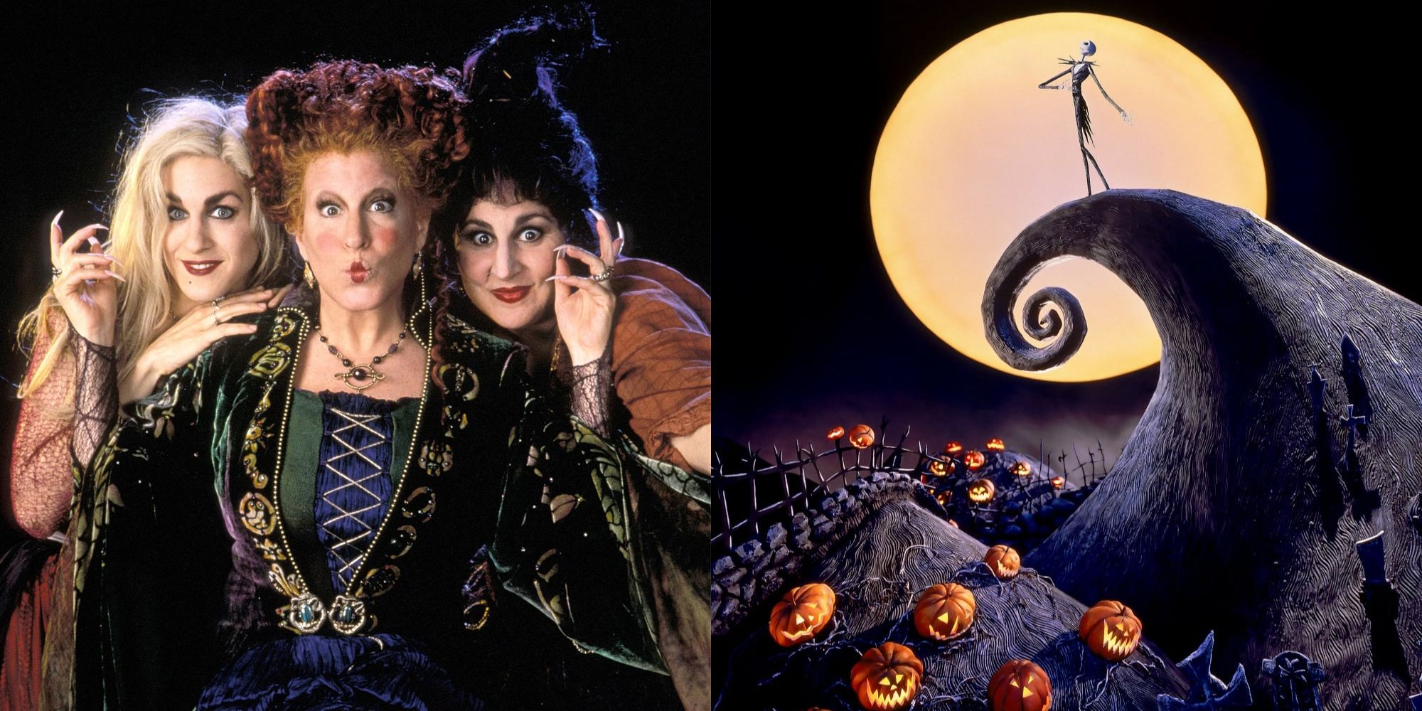 The Sanderson sisters and a poster for The Nightmare Before Christmas