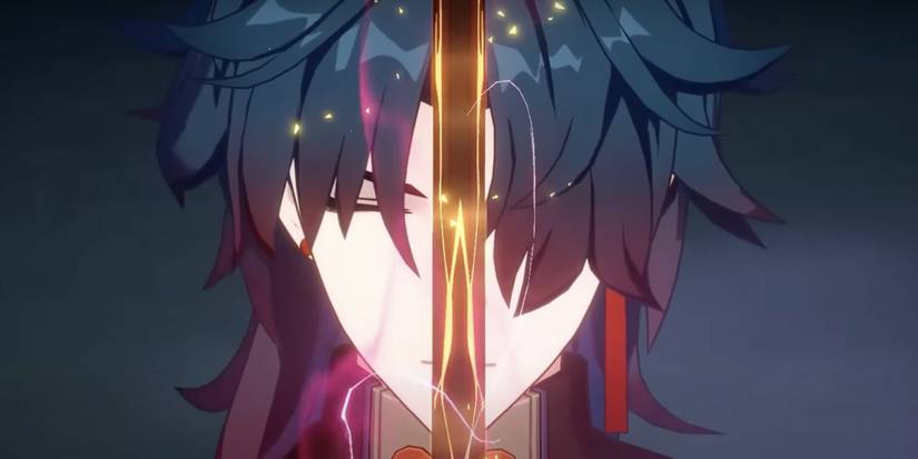 Honkai Star Rail's Blade closes his eyes and holds his sword close to his face.