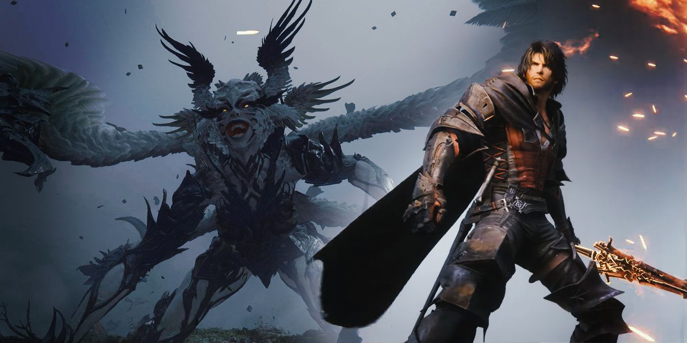 An image of Clive from FF16 in a battle-ready pose, sword drawn. Superimposed is a smiling Garuda, the winged, otherworldly Eikon of Wind.