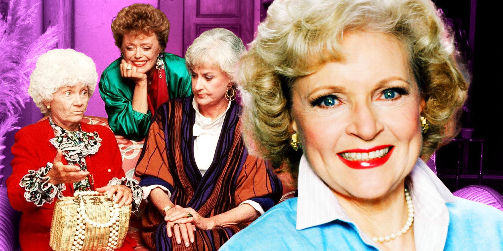 A blended image features Sophia, Blanche, and Dorothy  of Golden Girls seated on a sofa with a closeup of Rose in the foreground