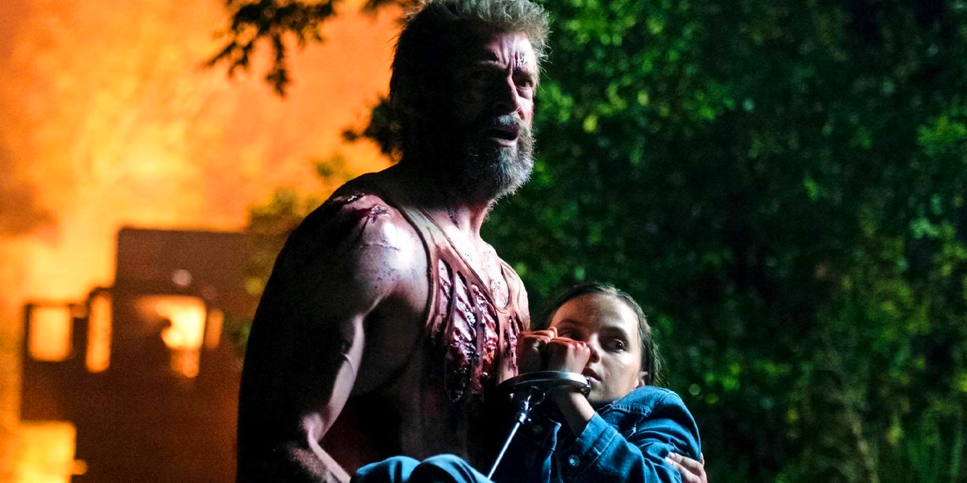 Hugh Jackman and Dafne Keen carrying Laura out of a burning house in Logan