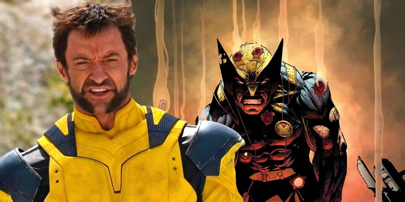 Imagem personalizada de Hugh Jackman como Wolverine no set de Deadpool 3 e painel do personagem dos quadrinhos.