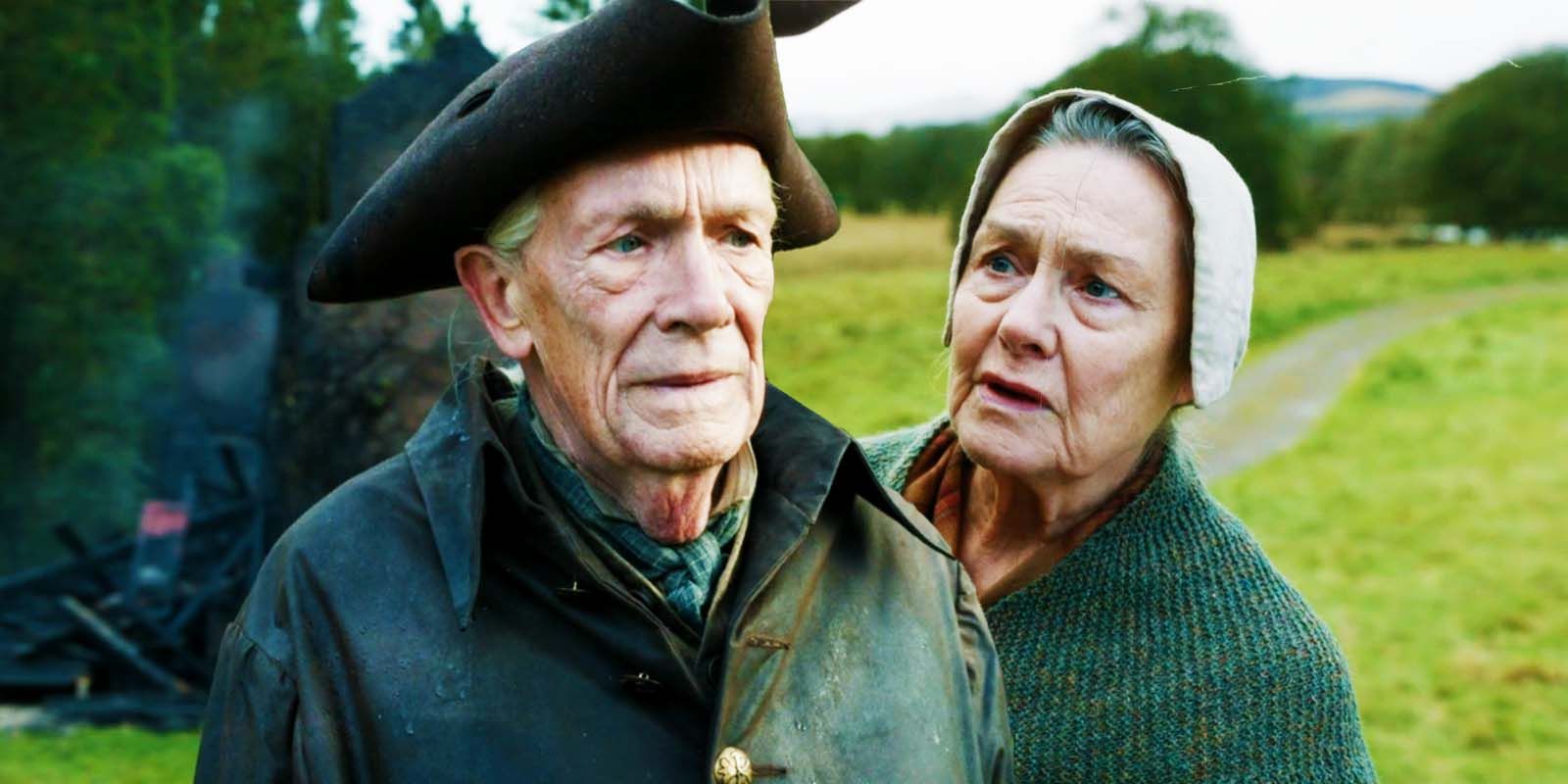 Hugh Ross as Arch Bug and Sarah Collier as Murdina Bug in Outlander season 7, episode 3