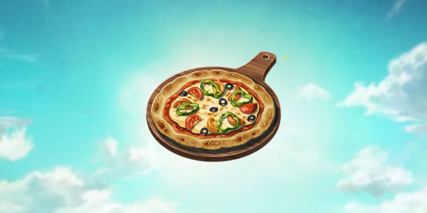 Hylian Tomato Pizza dalam Tears Of The Kingdom dengan latar langit yang cerah.