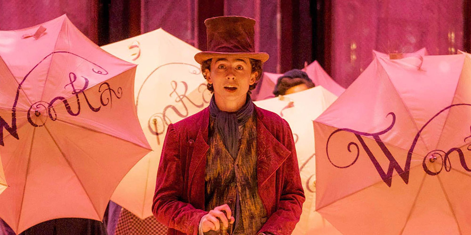 Timothee Chalamet as Willy Wonka looking forward in Wonka