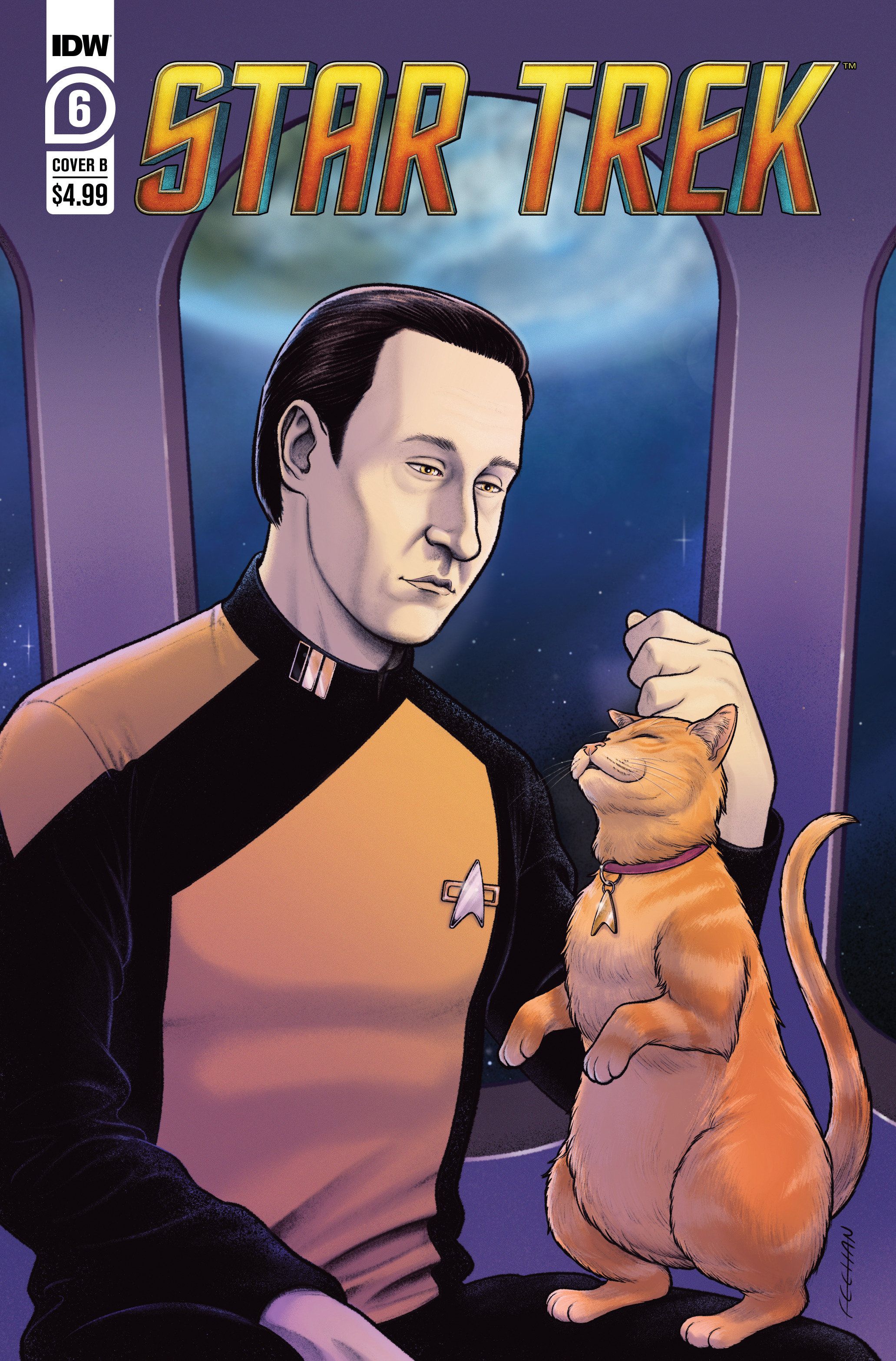 Data with his cat in variant cover for Star Trek #6