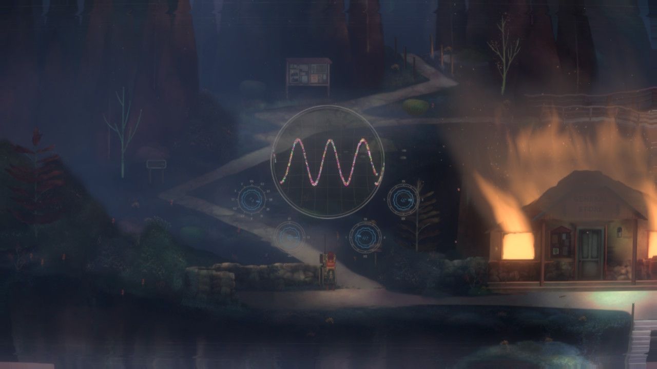 The second time loop puzzle in Oxenfree II, near the burning general store.