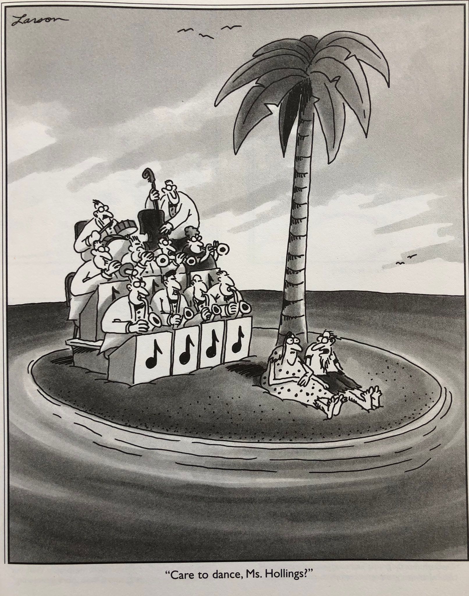 The Far Side jazz band on a desert island.