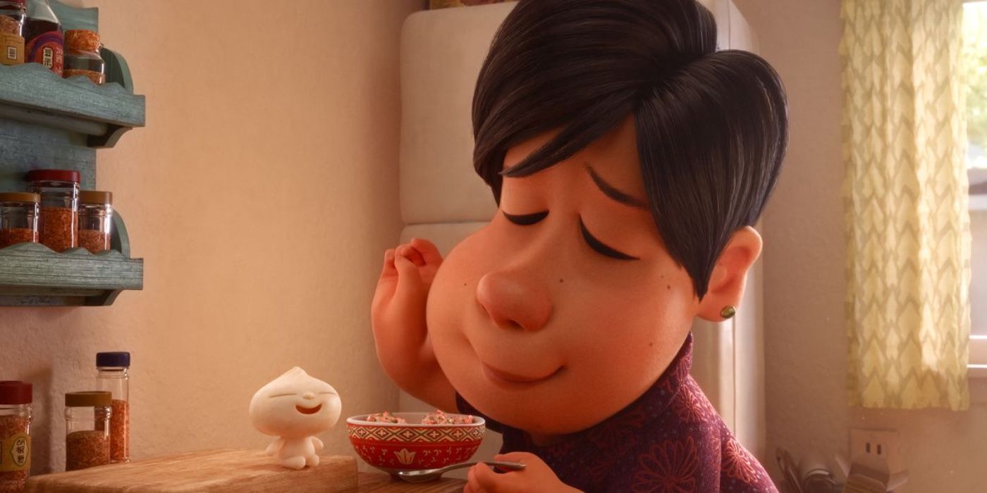 Mother feeding her baby dumpling in the Pixar Short &ldquo;Bao&rdquo;