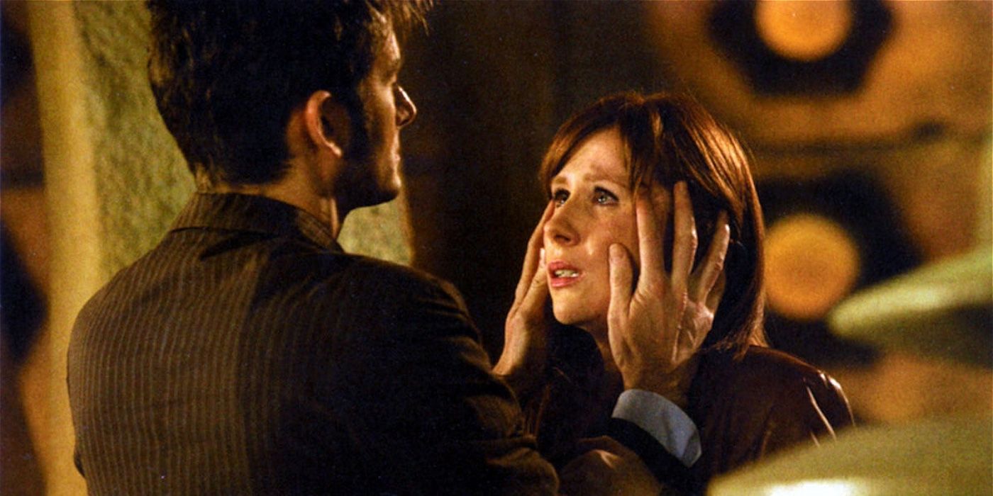 Doctor Who series 4: The Doctor with his hands on Donna Nobles head as he takes her memories away