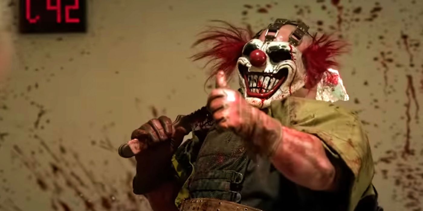 Twisted Metal Season 1: Sweet Tooth gives a thumbs up as blood sprits around him