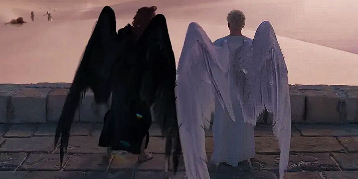 Good Omens: Aziraphale &amp; Crowley looking at the Heavens with their wings out