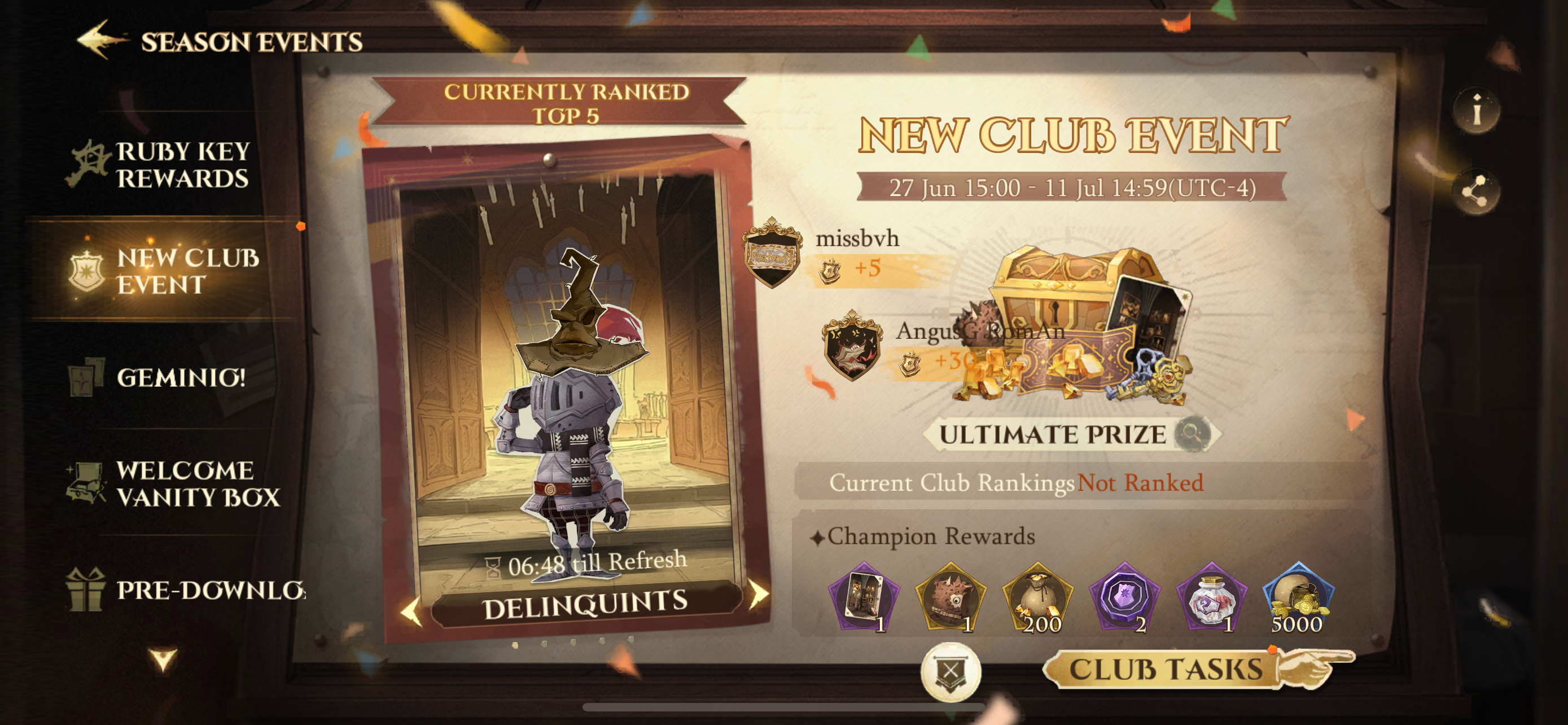 Club Events screen in Harry Potter: Magic Awakened