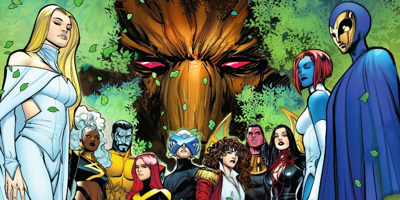 X-Men characters including Emma Frost, Storm, Xavier, Kate Pryde, Mystique, & more in front of Krakoa.