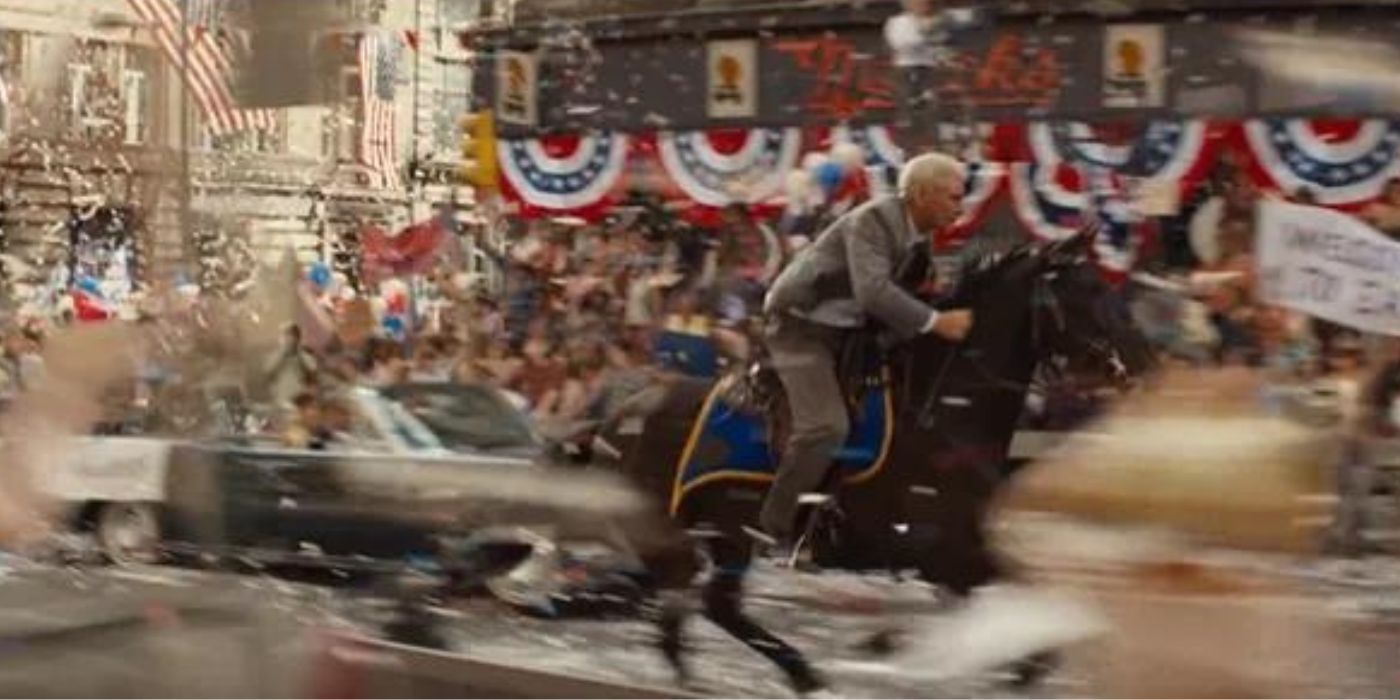 Indiana Jones riding a horse at a New York parade
