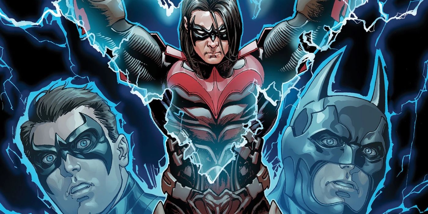 Injustice's Damian Wayne as Nightwing holding electrified escrima sticks