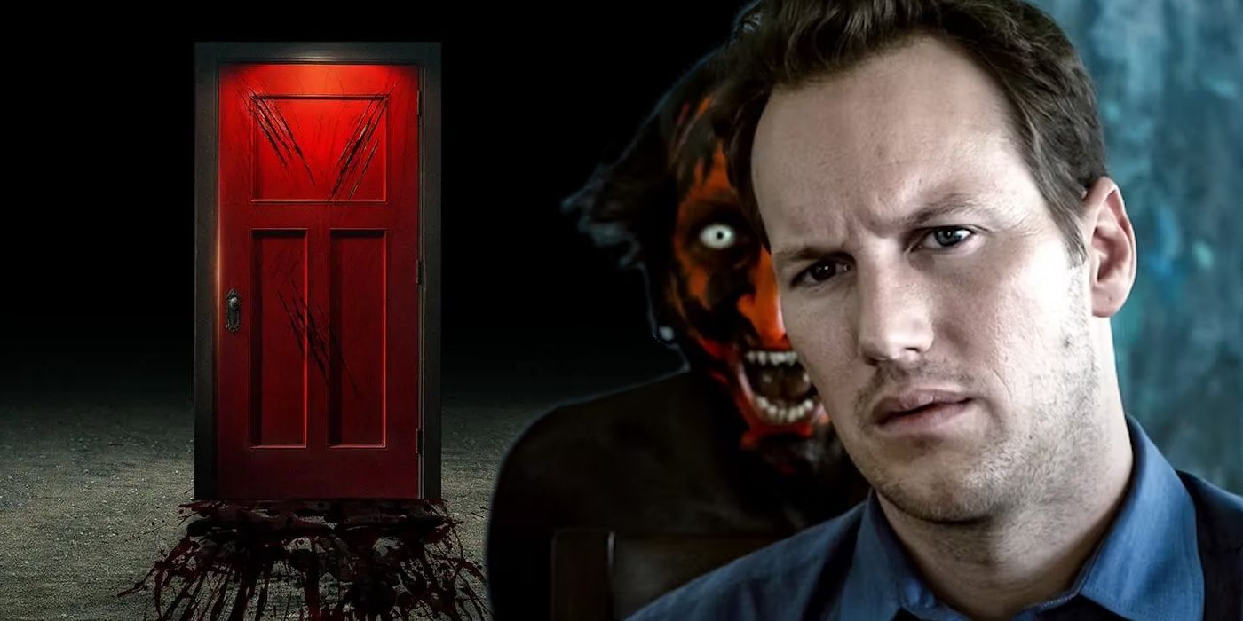 Lambert looks on with the lipstick demon behind him superimposed on an image of the Red Door from Insidious