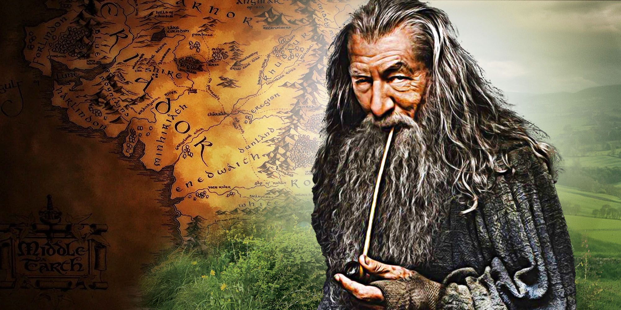 Gandalf in front of a map of Middle-earth