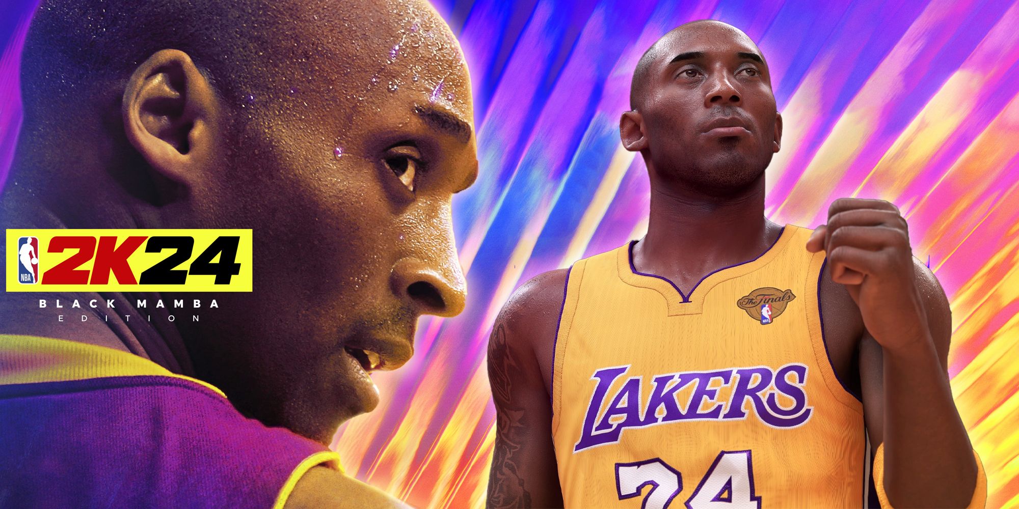 A composite of two images of Kobe Bryant; at left, the closeup of him as he appears on the cover of NBA 2K24. At right, a screenshot of him in-game with a clenched fist held up near his chest.