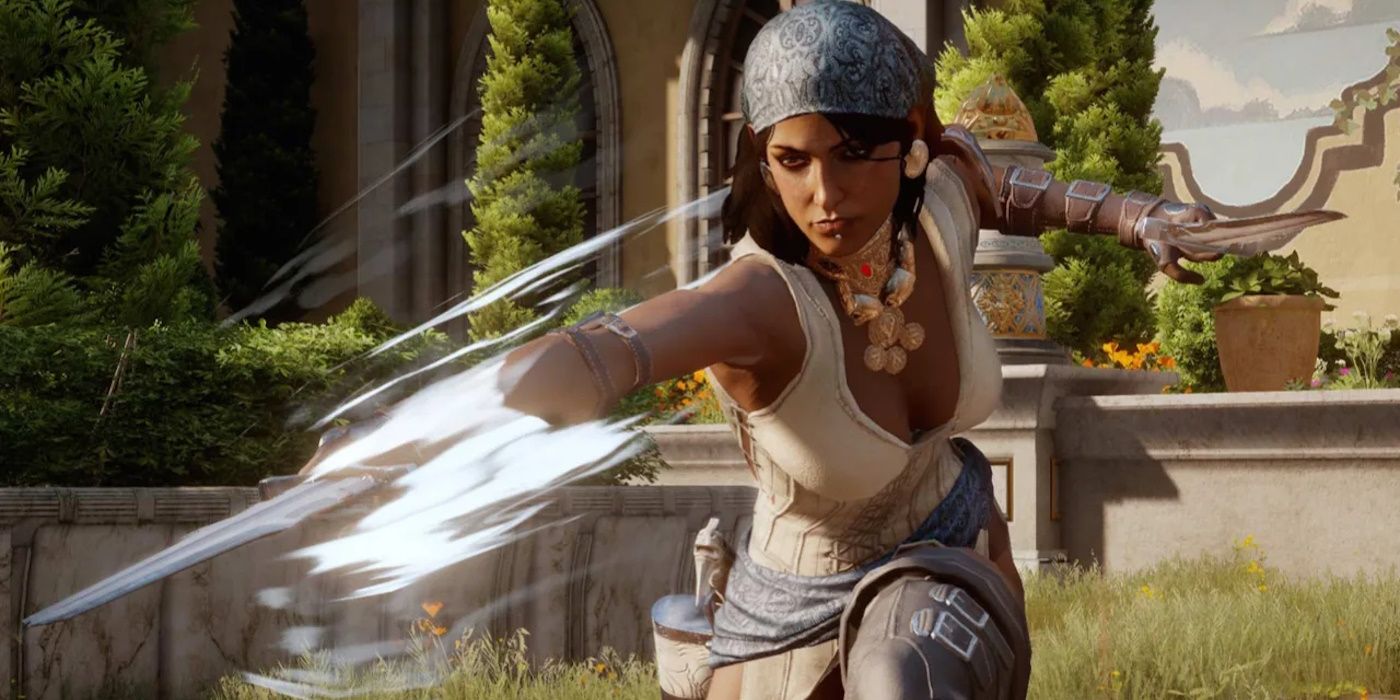 Isabela from Dragon Age shows her swashbuckling talents with two daggers