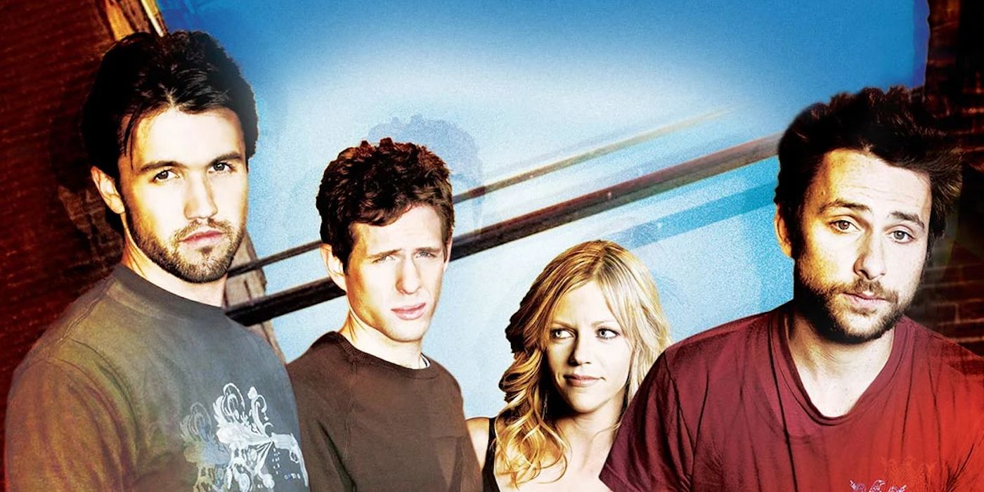 A promo image of the cast of It's Always Sunny in Philadelphia from season 1 where they pose together in a double exposed image.