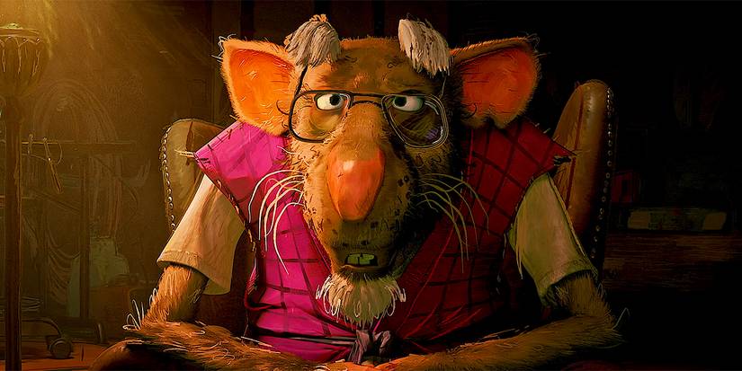 Splinter sits on a sofa and looks pensive in TMNT: Mutant Mayhem