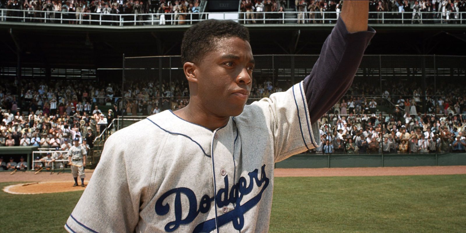 Jackie Robinson on the field in 42